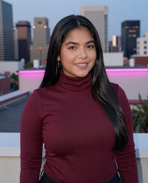 Mariana, a Colombian Alonadate user posing on a rooftop at dusk - authentic dating profile