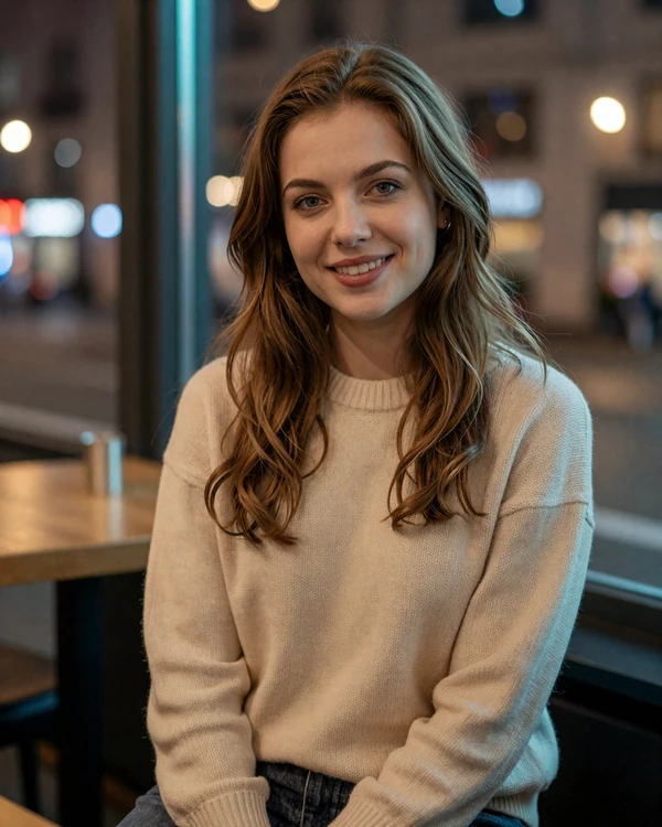 Anya, a verified Alonadate member from Kyiv, smiling at a cafe - real profile preview